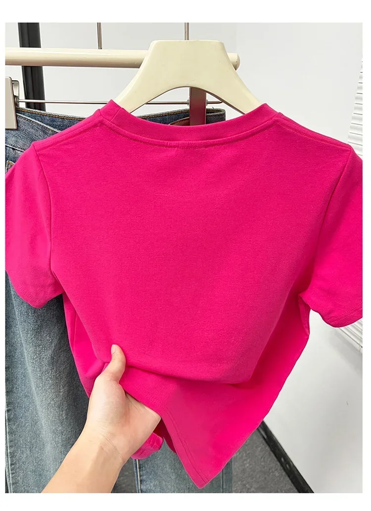 2026 Sommer Neue Hochwertige Lässige T-Shirts Sexy Kurzarm Modischer Trend Einfarbige Damenkleidung Y2k Tops – Detail 22