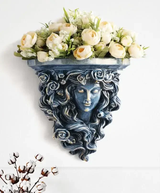 Europe Retro Wall Smile Goddess Resin Vase Fake Flower Floral Pot Fengshui Home Room TV Background Wall Mural Accessories Decor