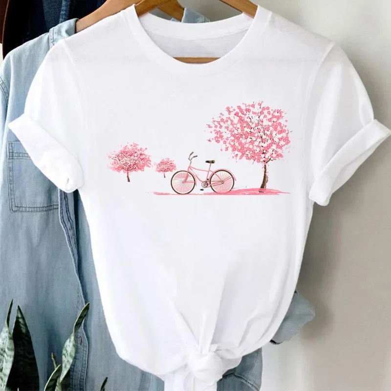 New Bicycle Flower Love Retro Loose Simple Cute Crewneck Short Sleeve Tee Woman Summer Fashion High Quality Fabric Selection Tee