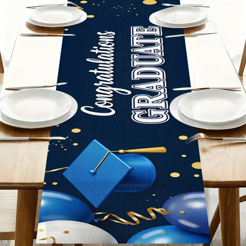 VIKAMA Blue & White Balloon Graduation Celebration Banner Festive Tablecloth Perfect for Weddings And Kitchens Home Decor