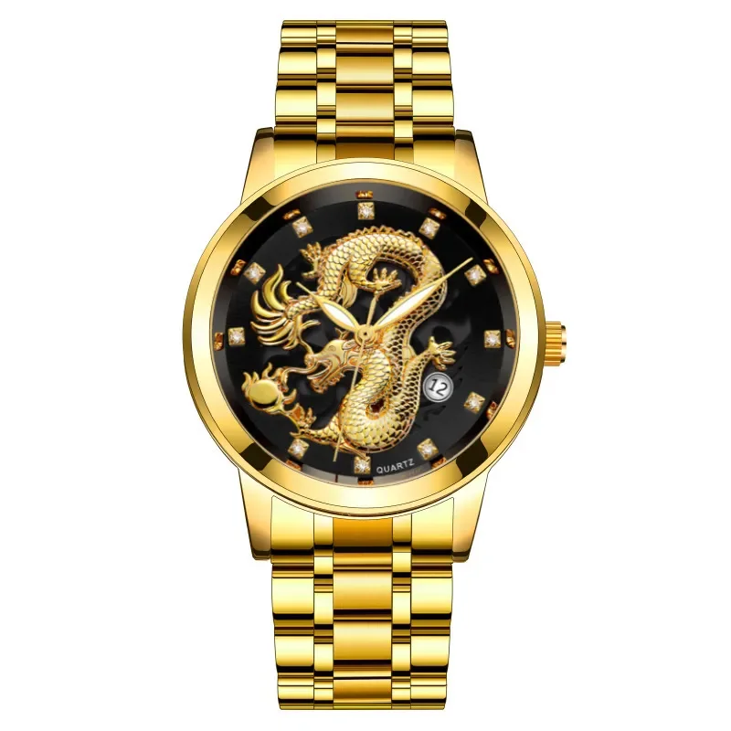 2023 Fashion Gold Dragon Watch Men Luxury Business Casual Watches Stainless Steel Auto Date Quartz Wristwatches Men Montre Homme