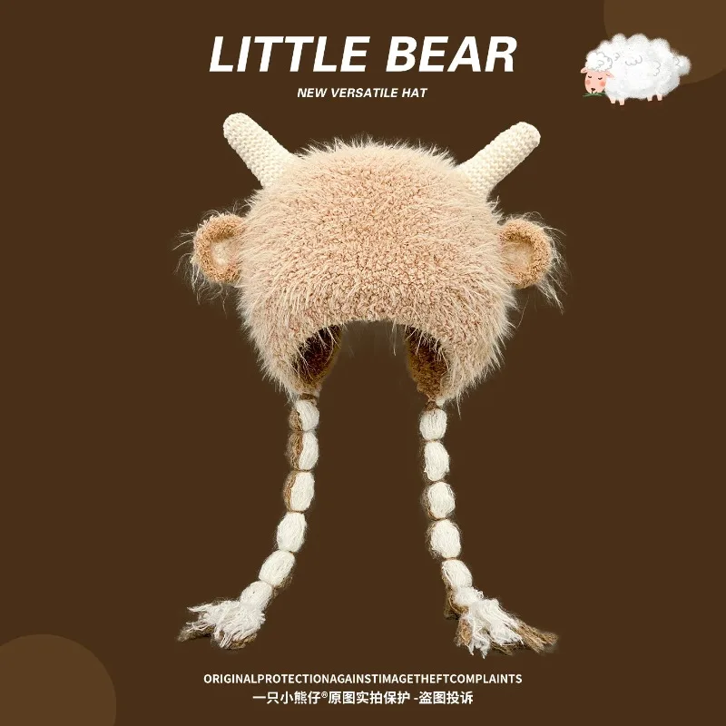 Cute Sheep Horn Earflap Beanies for Women Fuzzy Plush Knit Hat with Braided Tassels Winter Warm Kawaii Funny Streetwear Headwear