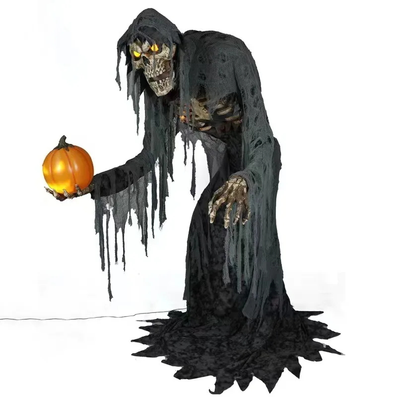 

Skeleton man holding pumpkin electric ghost prop ornament, horror zombie