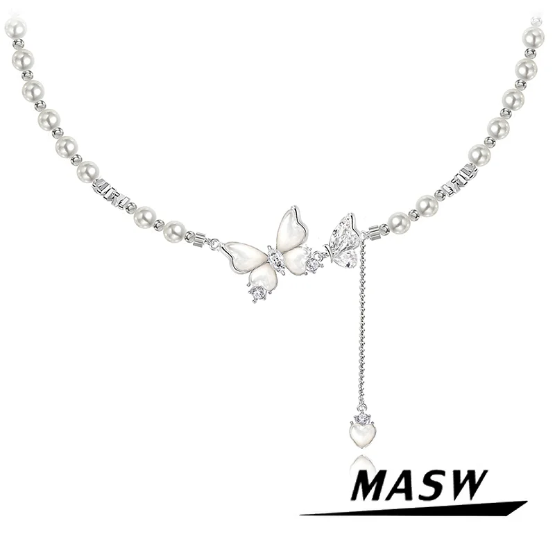 

MASW Original Design Zircon Shell Simulated Pearl Dancing Butterfly Necklace For Women Girl Party Wedding Gift Sweet Jewelry