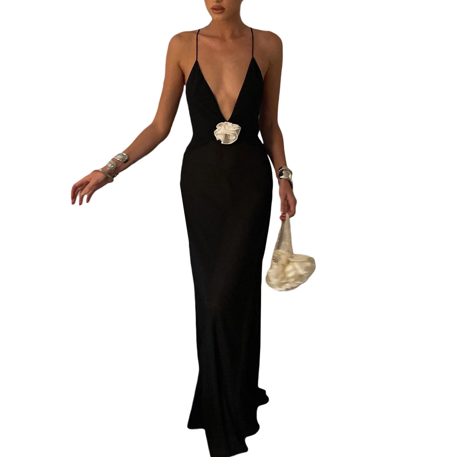 Women's Summer Long Evening Dress Solid Color Sleeveless Sexy Deep V Neck Flower Embellished Party Dress