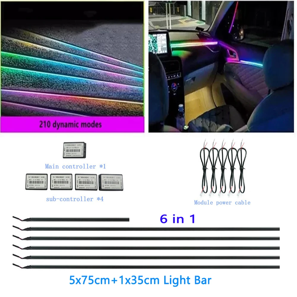 

6 in1 Multicolor RGB Symphony Car Ambient Interior LED Acrylic Guide Fiber Optic Flowing Universal Decoration Atmosphere Lights