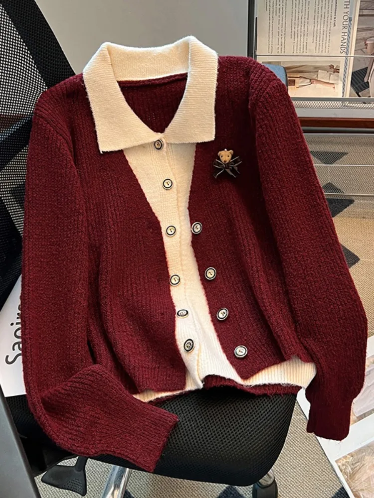 

Женский вязаный свитер с воротником, пальто свободного покроя, осенне-зимняя верхняя одежда, мягкая уютная искусственная двухсекционная корейская версия