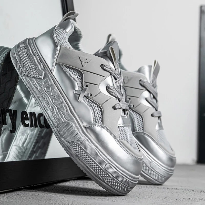 

Summer Silver Chunky Sneakers For Men Mesh Breathable Skateboard Shoes Man Height Increasing Shoes Outdoor Men's Sports Sneakers
