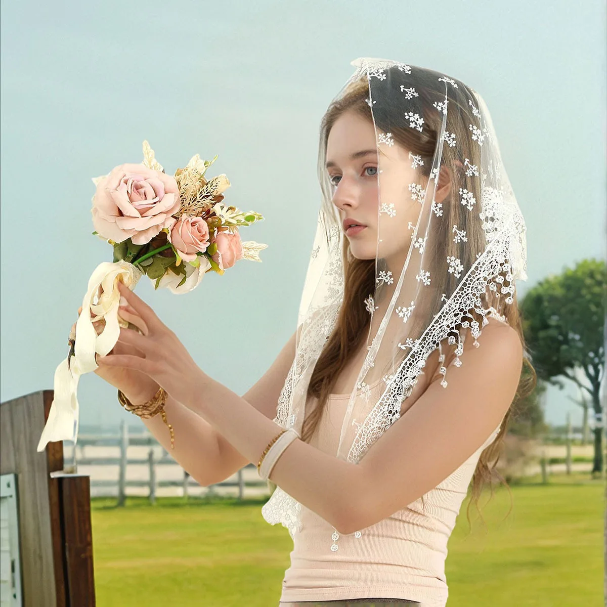 

1 elegant new lace polyester triangle scarf versatile fashion floral Korean version solid color hollow shawl headband