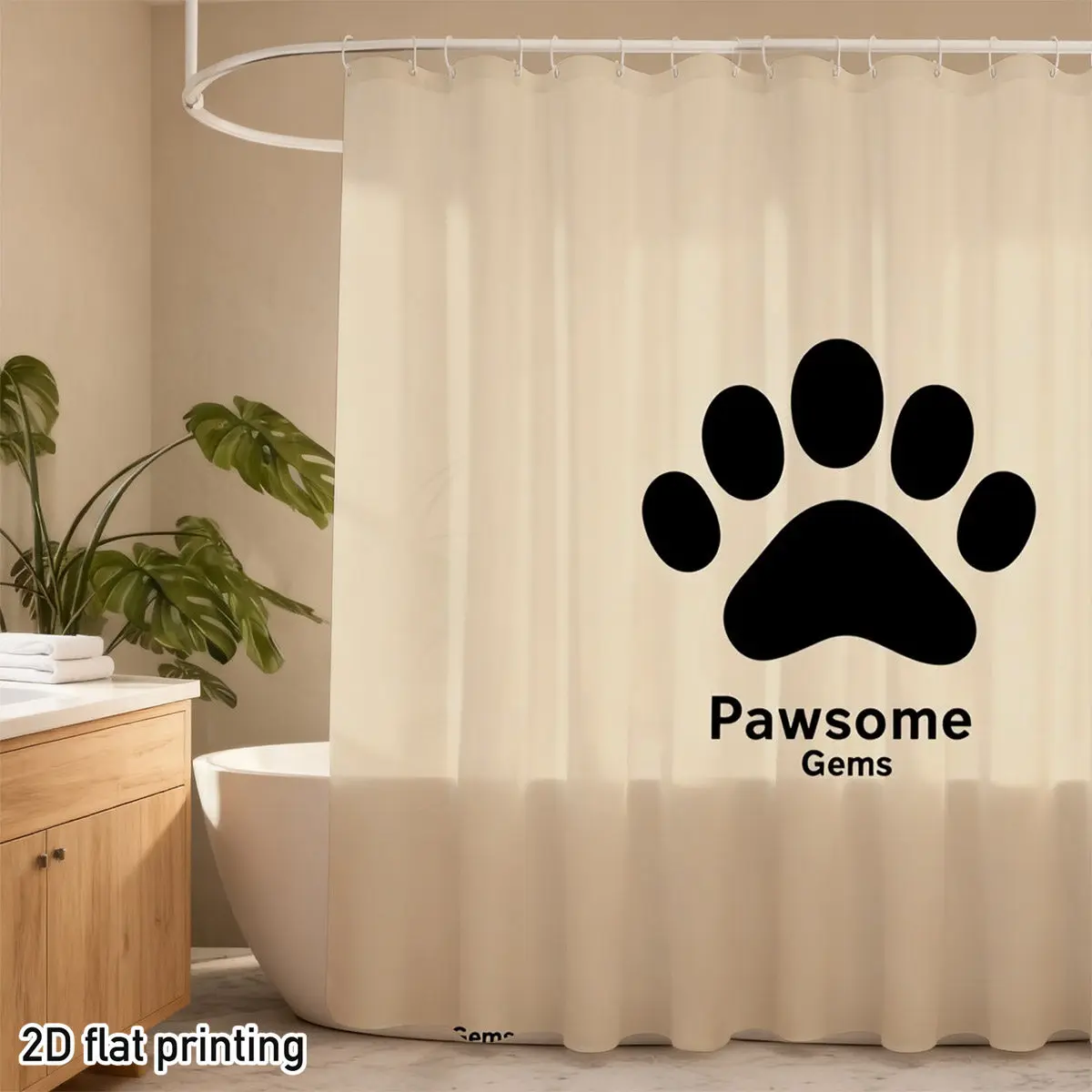 Black Paw Print Shower Curtain “Pawsome Gems” Text Waterproof Polyester Pet Lover Bathroom Decor