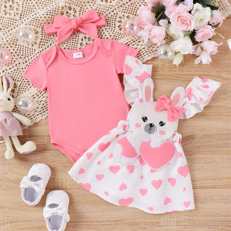 Cute Baby Girls Summer Outfits Short Sleeve Romper Heart Print Suspender Skirts Headband Sets Newborn Infant Clothes Set