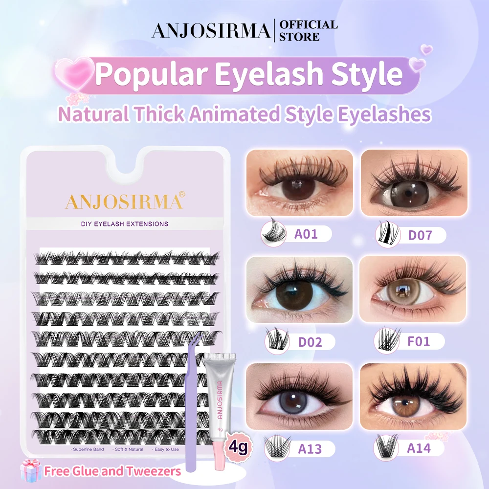 ANJOSIRMA eyelash extensions Set with glue and tweezers 10 Rows DIY False eyelashes natural Soft Manga Style Reusable cluster