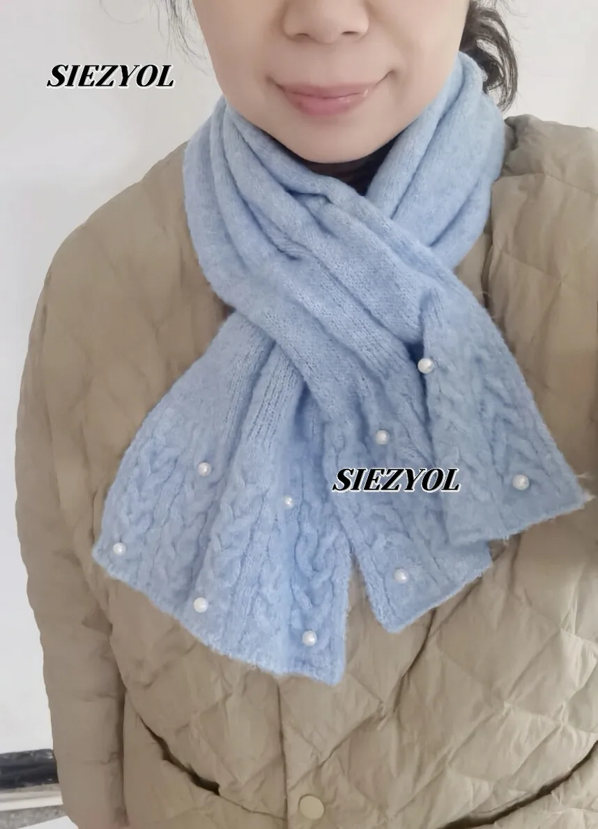 Knitted Scarf Female Pearl Decoration Sweet and Warm Cross Scarf Winter Japanese Simple Neckerchief Versatile Cute Warm Scarves