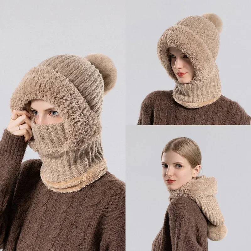 Winter Fleece Lined Knitted Hat with Ear Flaps, Windproof and Warm Hooded Neck Gaiter for Outdoor Cycling