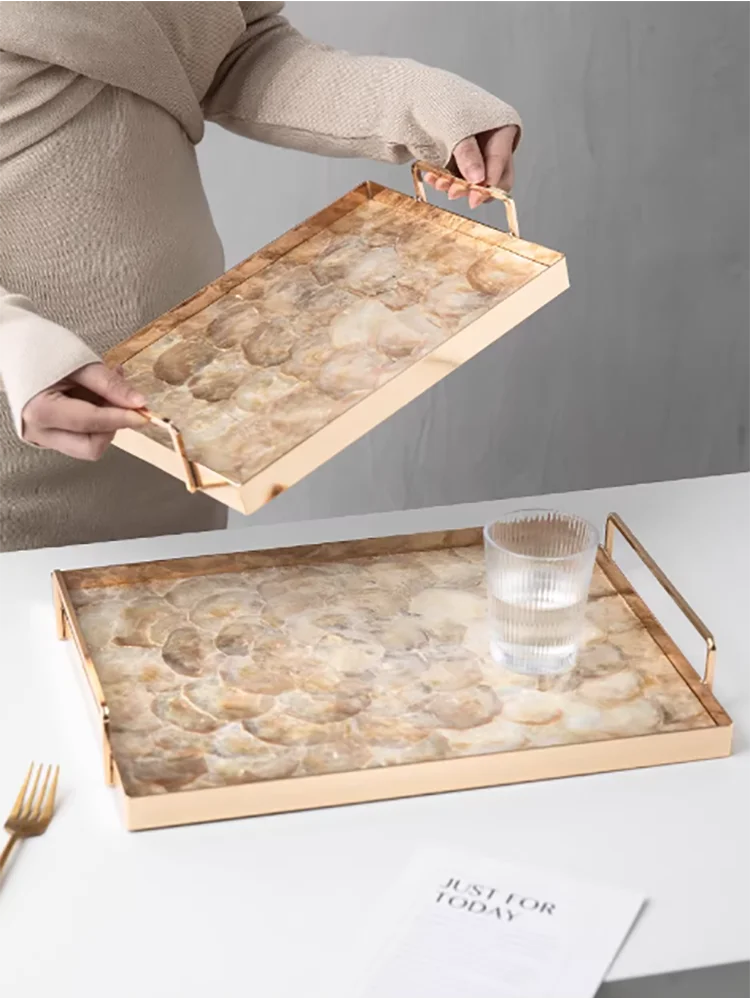 French-style Shell Decorative Fruit Plate Vintage Metal Storage Tray Home Tea Cup Food Cosmetics Organizer Tray Rectangular Gift