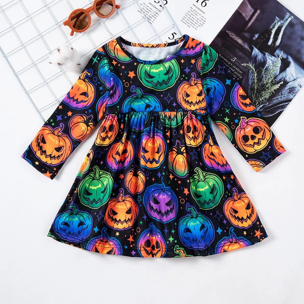 

2025 Halloween New Girls Dress Long Sleeve Crew Neck A-Line Dress with Ghost Pumpkin Prints Autumn Kids Party Dress