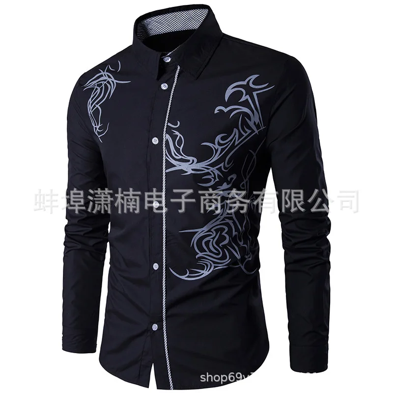 Men's Long Sleeve Shirt Casual Dragon Print Slim Fit Men's Shirt