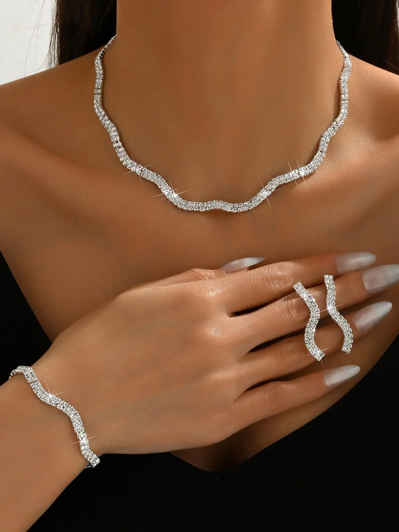 

4-Piece Women's Sparkling Wave Jewelry Set - Necklace, Bracelet, Rings for Party Bridal Graduation