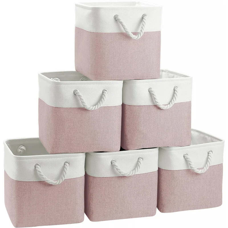 

6-Pack 11x11 Inch Cube Storage Bins with Cotton Handles - Classic Organizers for Closet Shelves, Clothes & Towels