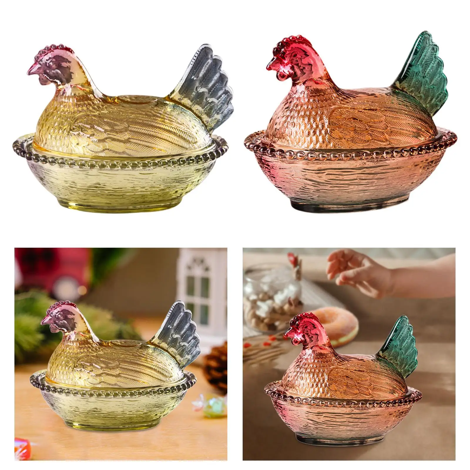 Glass Candy Jar with Chicken Design Dessert Plate Sweet Table Canister Bowl for Kitchen Office Decorative Storage
