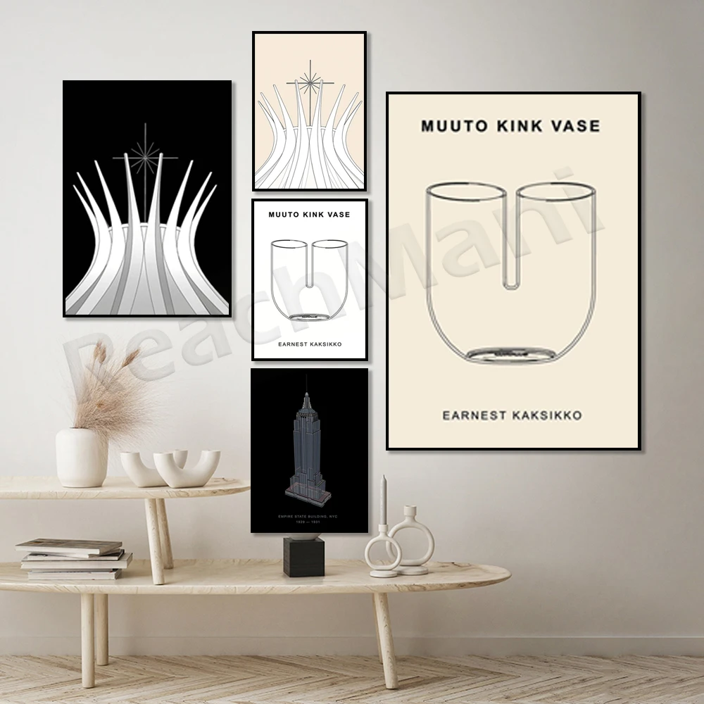 Brasilia Cathedral, Oscar Niemeyer St Paul's Building, New York, Muuto Kink Danish Vase, De Stijl, Finland Design Poster