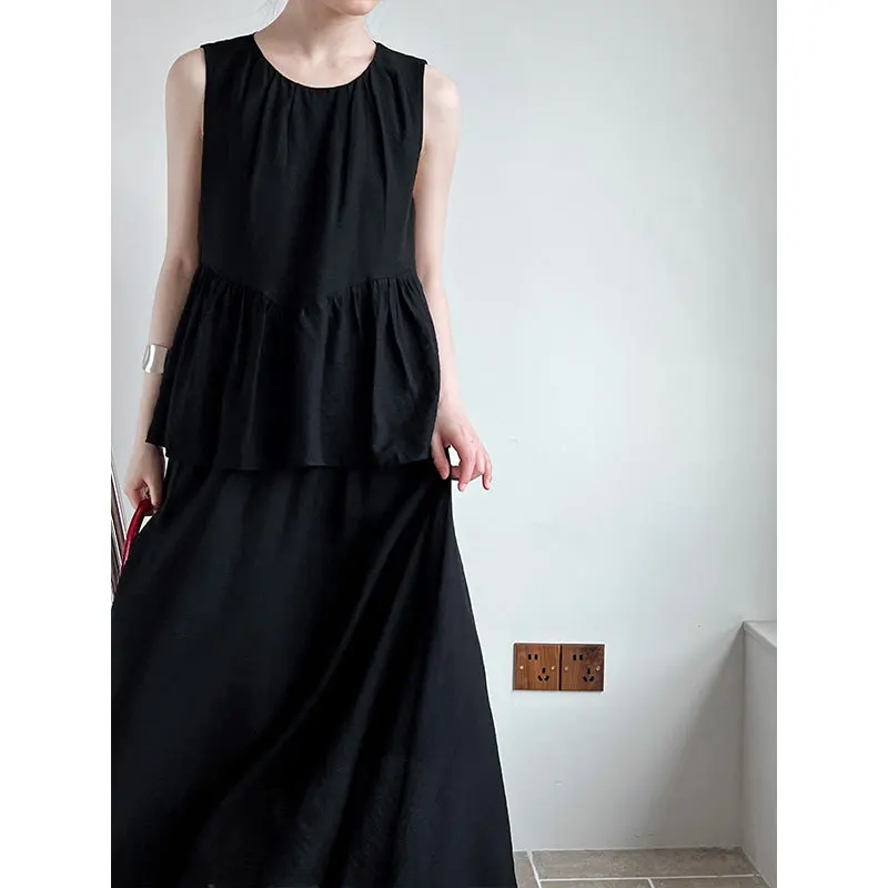 Summer Women's Skirt Suit Light Sleeveless T-shirt Tops Elastic Waist Long Skirt 2pcs Matching Set Literary Loose Oversized Suit