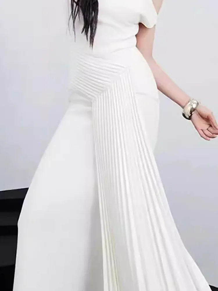 DEAT Fashion Women's Elegant Dress Skew Collar Sleeveless Patchwork Pleated Design High Waist Party Dresses Summer 2024 New