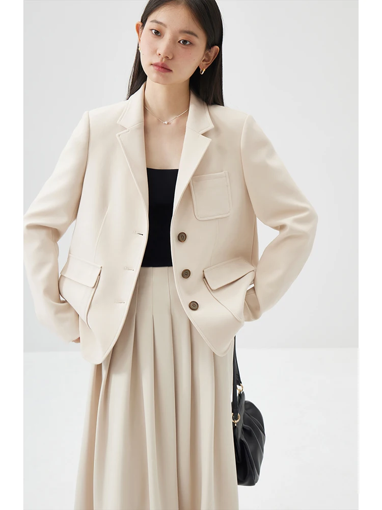 ZIQIAO Fashionable Creamy White Skirt Suit for Women 2024 Spring New Flat Lapel Blazer Jacket + A-Line Skirts Female 23ZQ94135