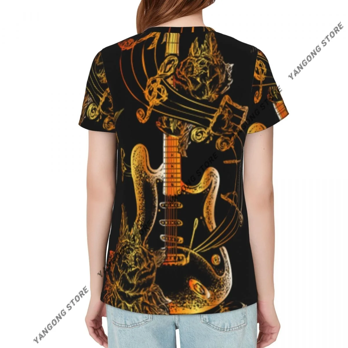 Womens Short Sleeve Electric Guitar Roses And Music Notes Casual Tee Clothing Crewneck Woman T-Shirts