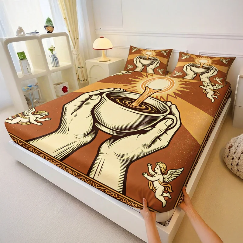 Sacred Coffee Fitted Sheet Set Golden Sunburst Angel Hands Holding Coffee Cup Print Bed Sheet Set Elastic Deep Pocket Bed Linens