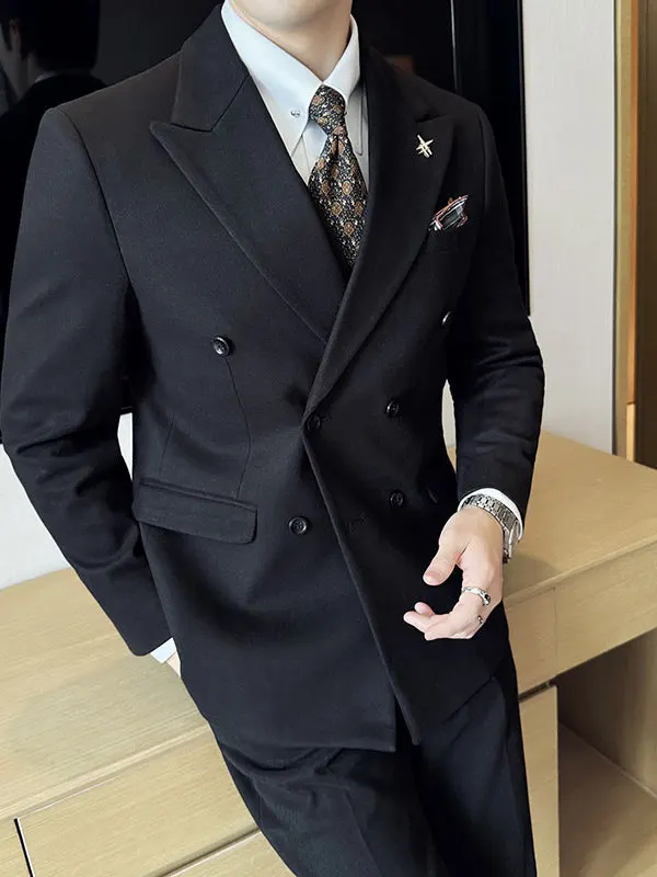 

Double-Row Buttoned Woolen Suit Jaet for Men Casual Autumn Winter New Korean Sle Light Maturi Wind Busin Casual Suit