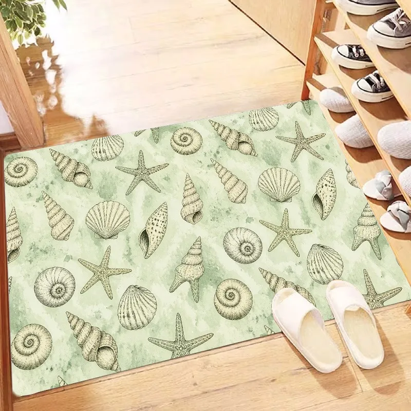 Coastal Beach Shell Starfish Doormat Retro Sketch Marine Pattern Floor Rug for Front Door House Entryway Home Decoration