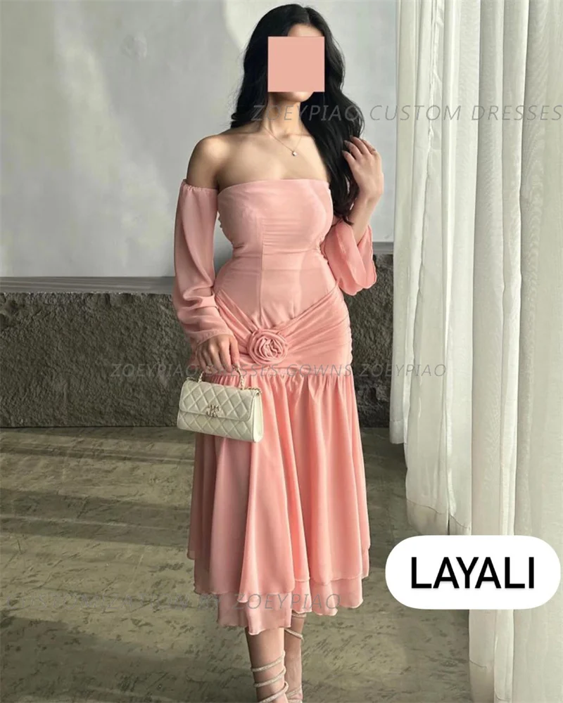 Pink Prom Dress Saudi Arabia Chiffon Flower Off Shoulder Short Bespoke Formal Club Casual Occasion Gown Midi Dresses