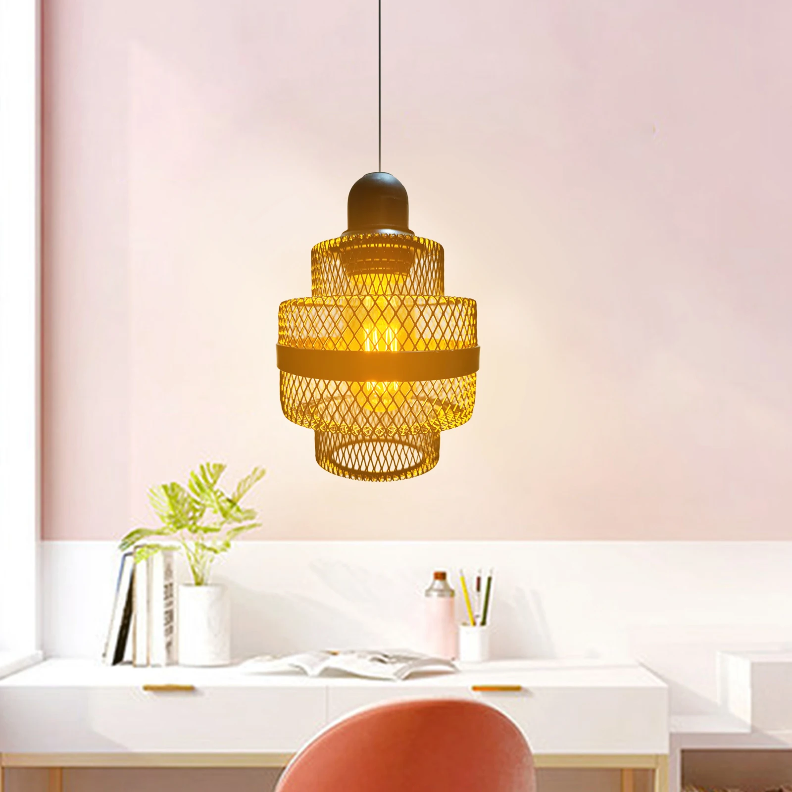 Hanging Pendant Light Lampshade Frame Metal Wire Light Cage Cover Lamp Holder for Home Bar Office Restaurant Bedroom Dining Room