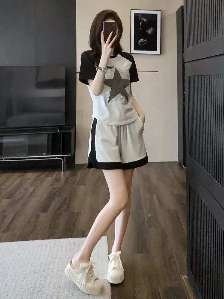 Mulher shorts agasalho estrela t camisa de luxo tailorin novidades roupas tendência 2025 completo dois kits conjuntos curtos para mulher 2 peças