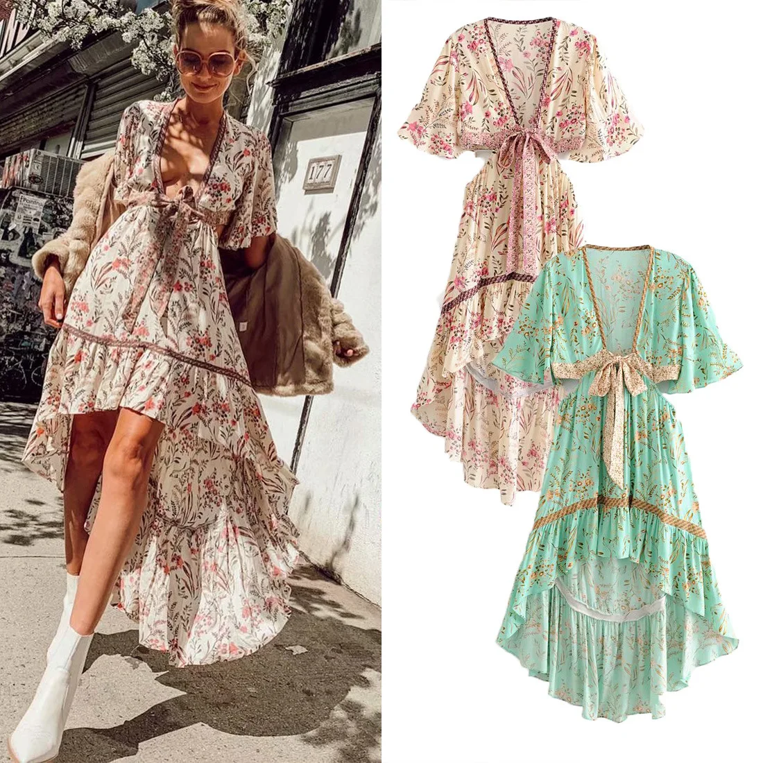 Bohemian style open waisted printed vacation dress with bow decoration, short front and long back, big beach swing