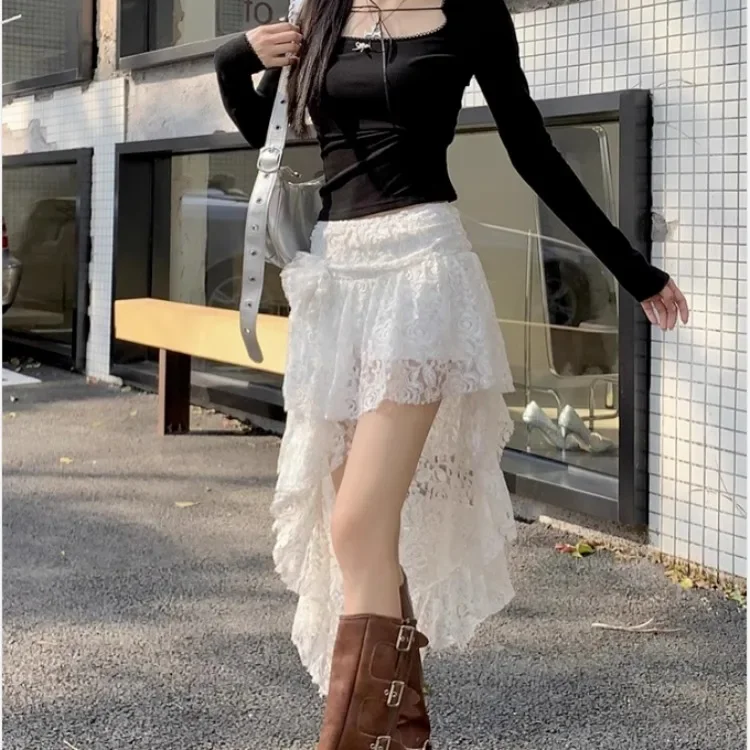 Rose Lace Flower Hollow Out Skirt for Women Irregular Mid-length All-match Skirts Summer New High Wasit Korean Fashion Clothing