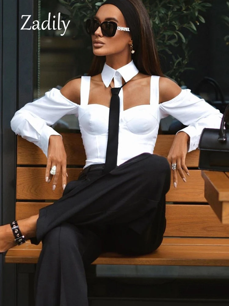 Zadily 2024 Summer Off The Shoulder Women White Shirt Sexy Slim Button Up Long Sleeve Tie Blouse Hollow Out Female Clothing Tops