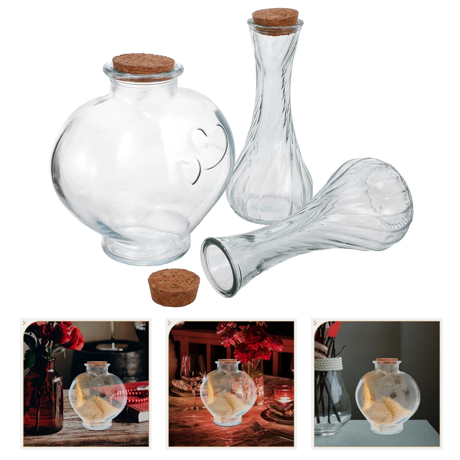 

3Pcs Glass Sand Keepsake Jars Heart Bottles Wedding Ceremony Vials Cork Stoppers Decorative Unity Display Containers