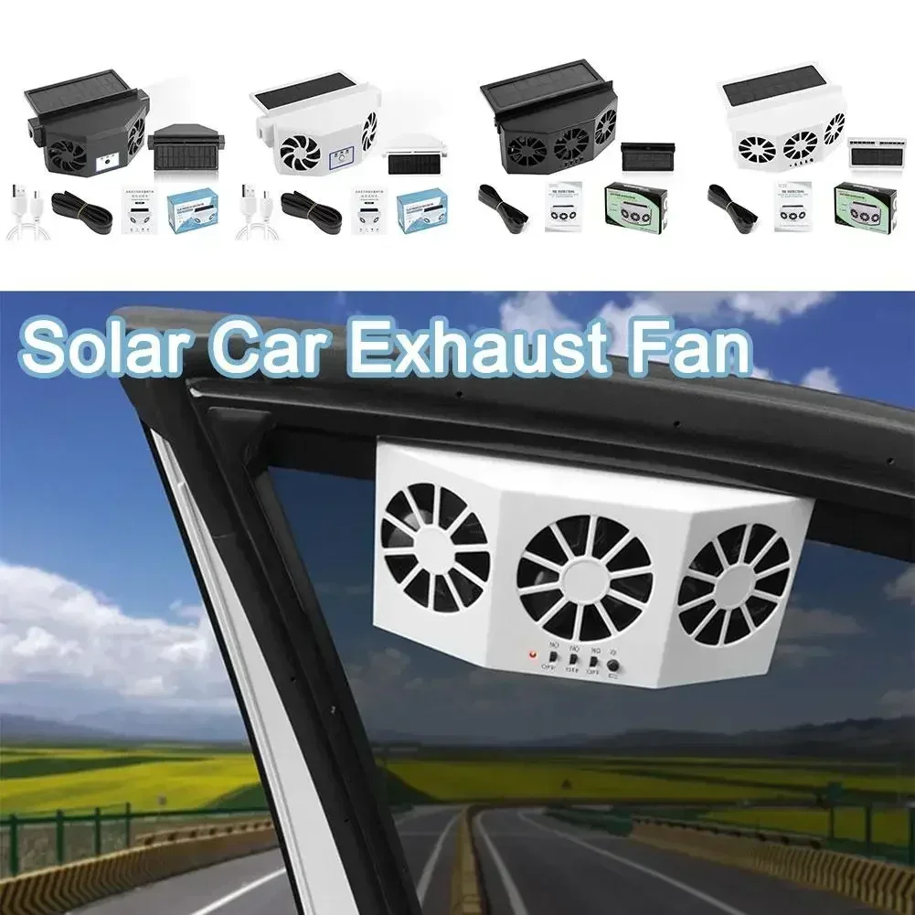 2026 New Upgrade 3 Head Car Exhaust Fan USB Rechargeable Solar High Wind Power Air Circulation Cooling Heat Dissipation Universa