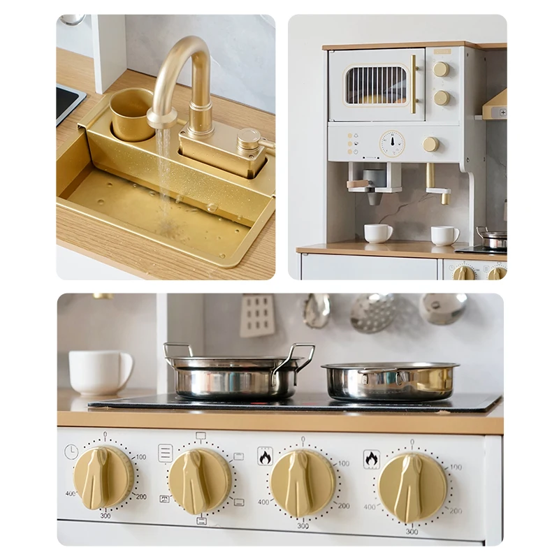 Wooden Gold Coffee Machine Kitchen with Light Sound and Water Features Fridge Cooking Set for Children