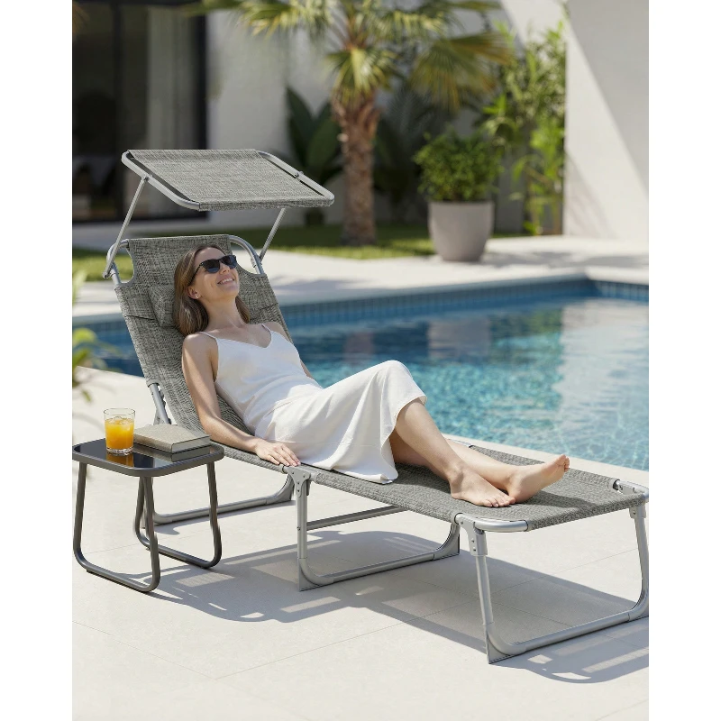 Sun Lounger Patio Chaise Lounge Chair Folding with Canopy 330 Lbs Adjustable Backrest for Garden Pool