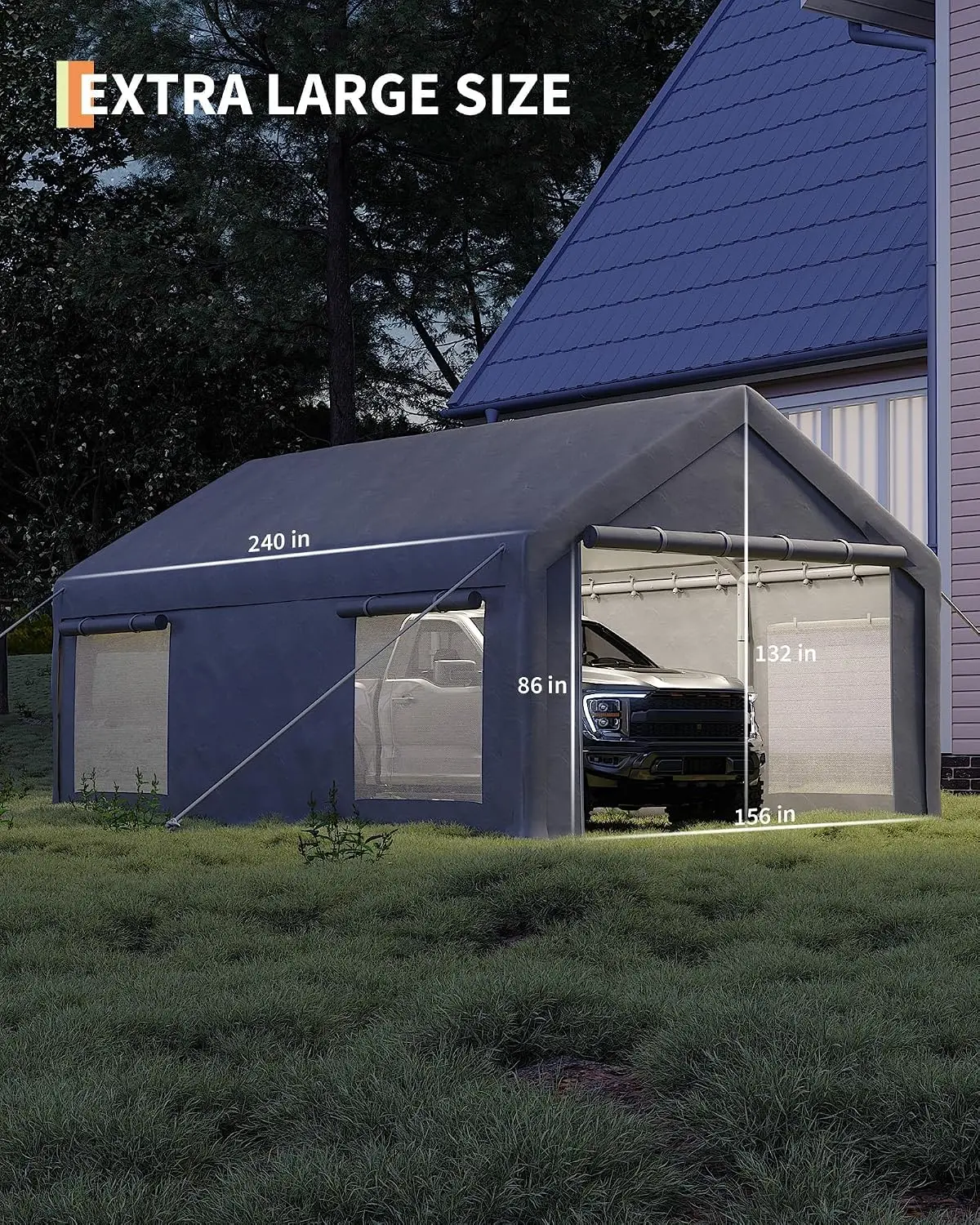 13x20Ft Heavy Duty Carport 220g PE Tarp Roll-Up Doors 4 Windows All-Weather Canopy Car Truck Boat Grey, Customized