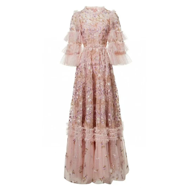 Outono novo o-pescoço estilo de fadas requintado folha de lótus borda emenda em camadas pétala manga cintura alta bordado vestido longo feminino