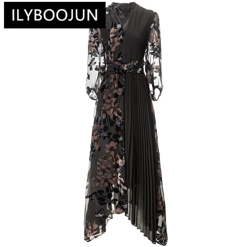

ILYBOOJUN Fashion Designer Vintage Party Spliced Dress Women V Neck Embroidery Frenulum Pleated High Waist Slim Long Dress