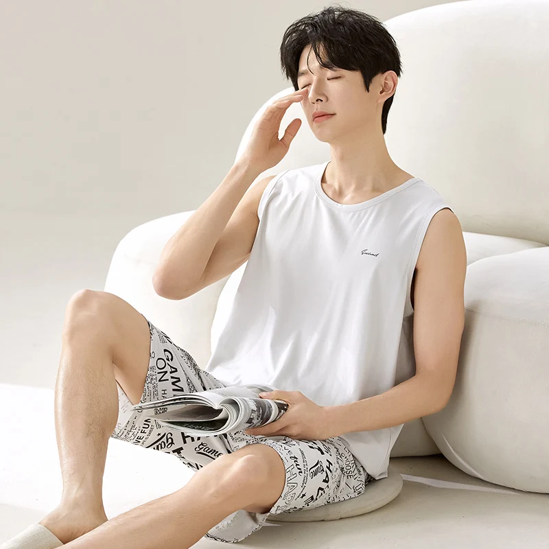 Modal Pajamas Men Korean Version Sleeveless Letter Nightwear Homewear Set Young Boy Big Size L-3XL Sleepwear Loungewear Dropship