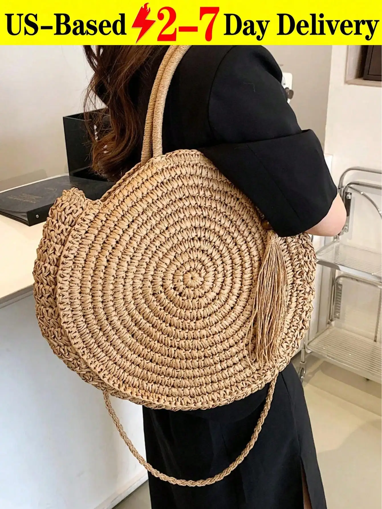 

Round Tassel Straw Woven Shoulder Bag, Local Delivery Inspired Designer Handbags, Luxury Bags For Women, Casual Beach Essential Hand Bag, Perfect For Spring Summer, Cruise Essential, Travel Must Haves, Vacation Holiday Tote Bag