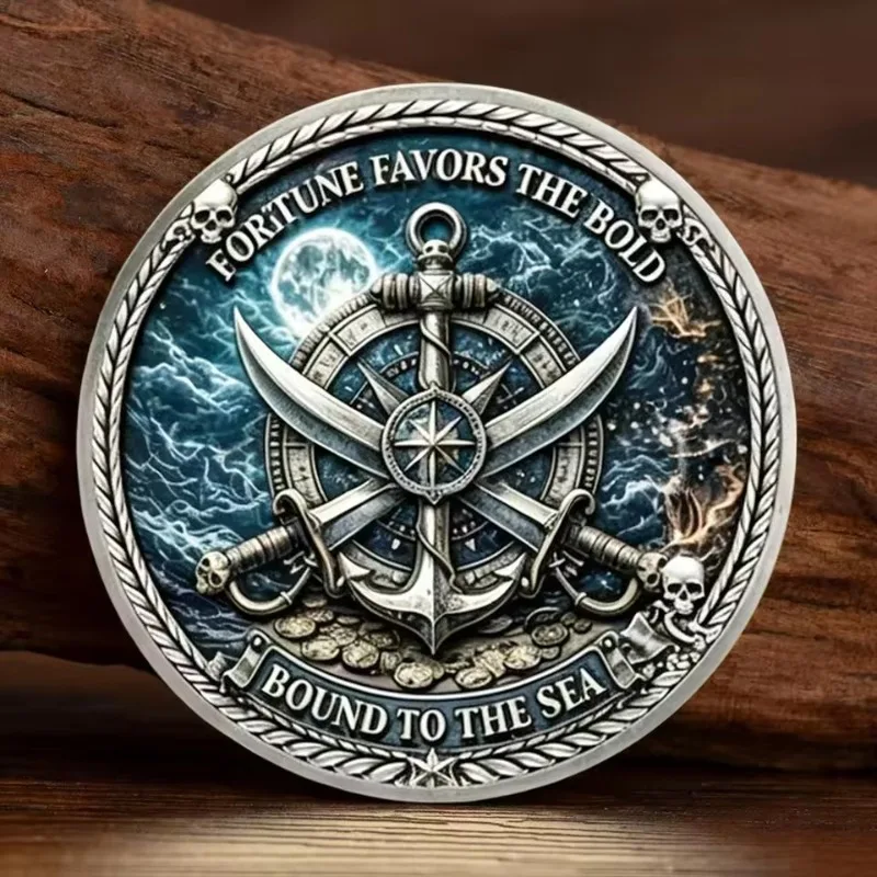 2D Flat Vintage Pirate Skeleton Commemorative Coin Ghost Ship Anchor Compass Silvery Plated Gift Sea Pirate Theme Souvenir Coins