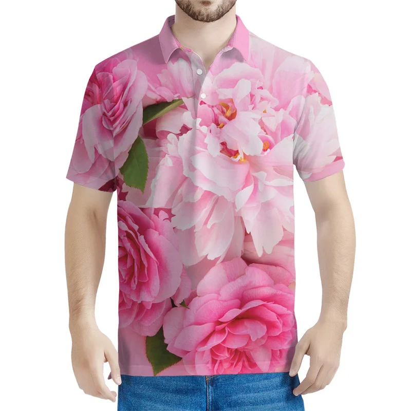 Fashion Peony Rose Flower Graphic Polo Shirt Men Women 3d Printed Floral Tee Shirts Casual Button T-shirt Lapel Short Sleeves