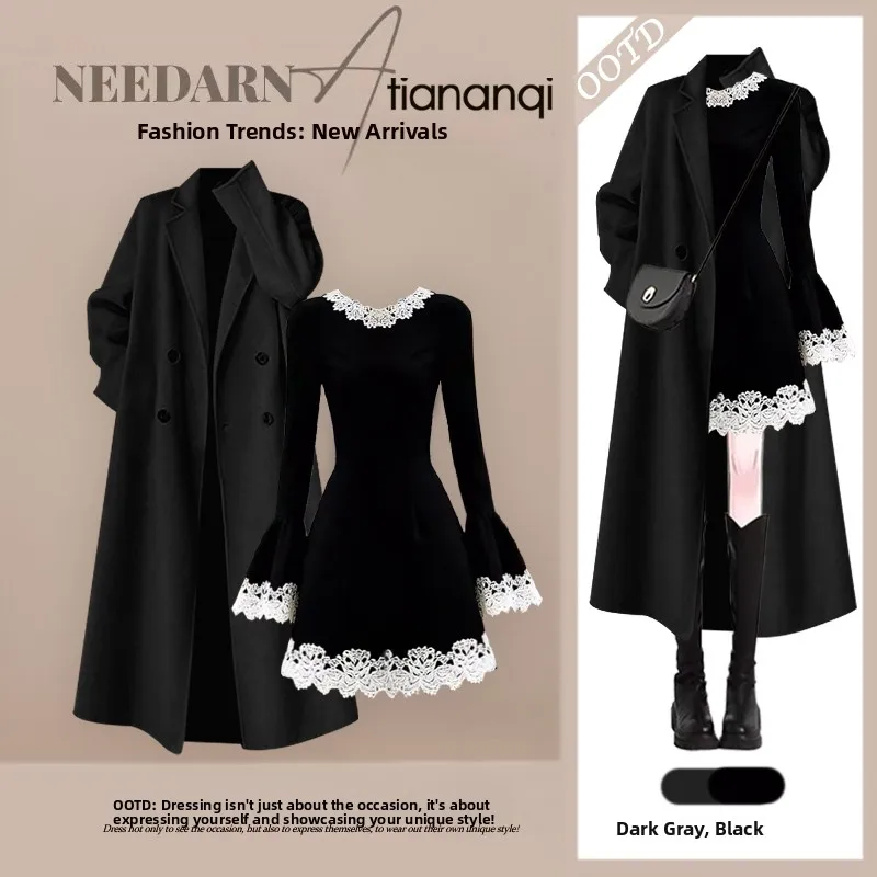 

Корейский модный зимний комплект для женщин: красное пальто средней длины, стройнящий костюм-двойка, антивозрастной трендовый наряд